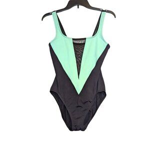 Anne Cole Collection One Piece Swimsuit Black & Mint Size 10 Mesh Front and Back